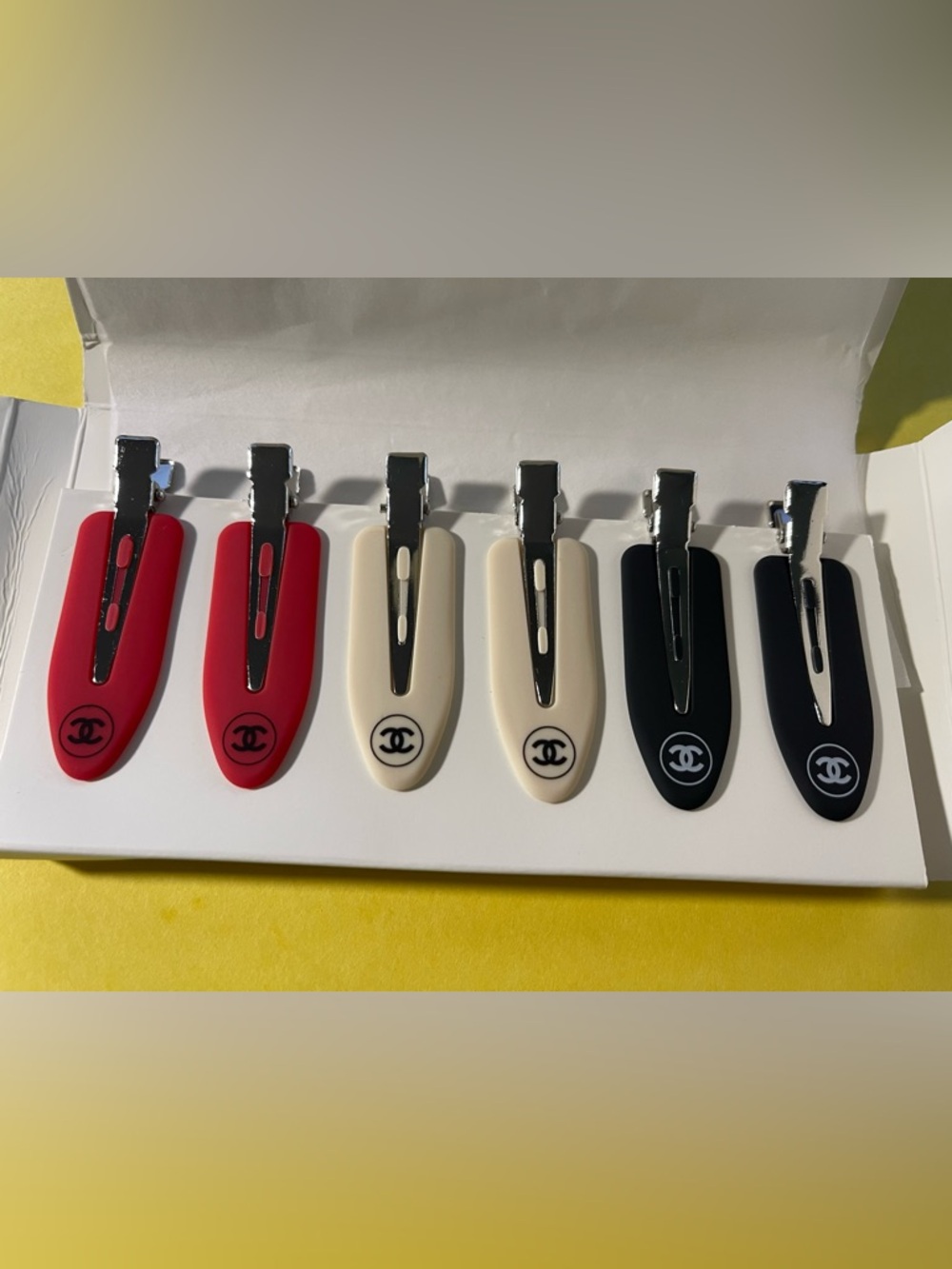 6 piece CHANEL Hair Clips barrettes,- Red , Black and Cream colors. NEW